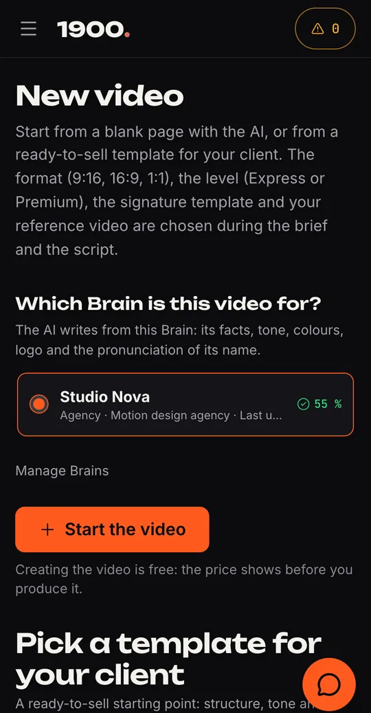 Capture de l'app : le choix du Brain avant de lancer une nouvelle vidéo