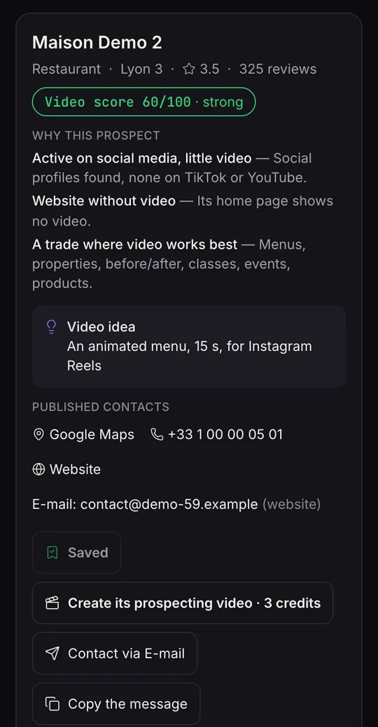 Capture de l'app : un commerce de démonstration avec son score vidéo de 60 sur 100, ses raisons et une idée de vidéo