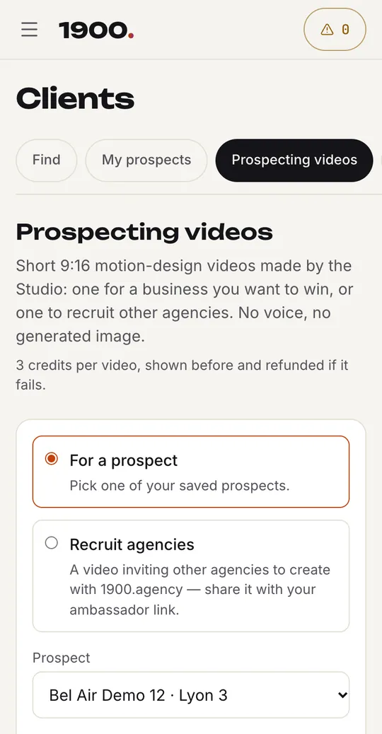 Capture de l'app : création d'une vidéo de prospection pour un prospect ou pour recruter des agences, 3 crédits