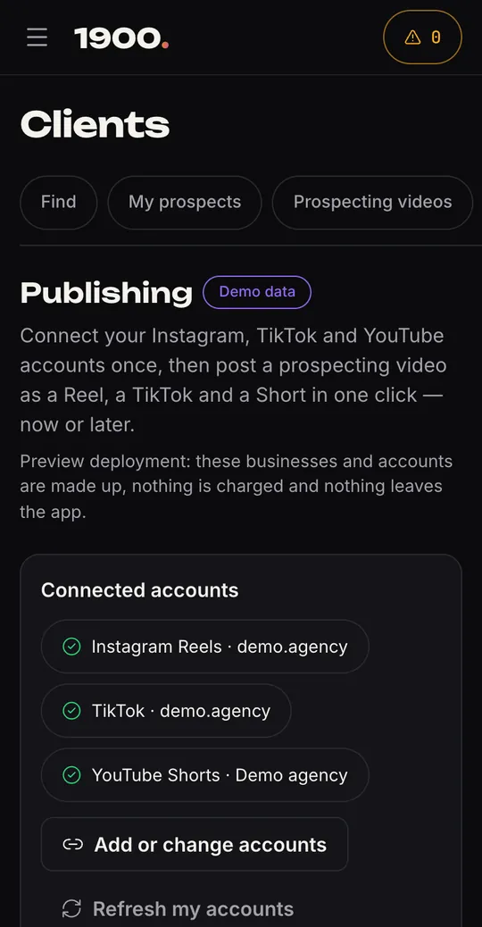 Capture de l'app : comptes Instagram, TikTok et YouTube connectés pour publier en un clic